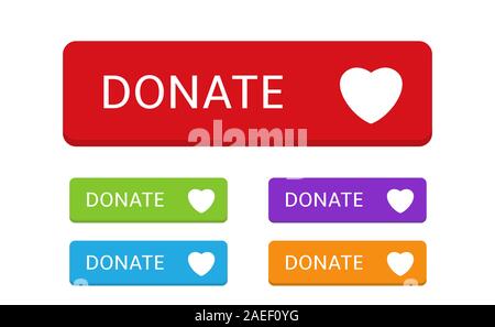 Donate buttons. Colored buttons with heart symbol for your website, Philanthropy, charity and volunteering symbol Web design element Stock Vector