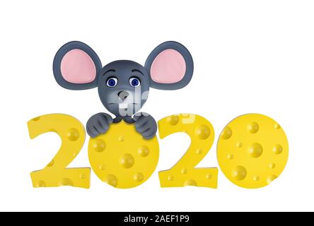 Happy new year 2020 greeting card with cute mouses and cheeses isolated on white. Animal wildlife holidays cartoon character. 3d render. Stock Photo