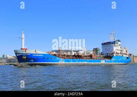 The Copenhagen tanker for transporting chemical or oil products lies docked in Gothenburg harbour in Sweden. Stock Photo