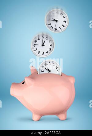 Save you time concept, piggy bank with clock on blue Stock Photo