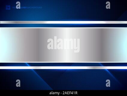Abstract technology futuristic concept digital of blue light ray diagonal stripes lines texture on dark blue background with metallic silver tab space Stock Vector