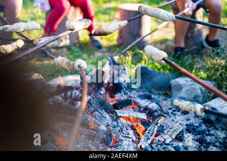 Children roasting twistbread on sticks over a camp fire during a picnic in the forest Stock Photo