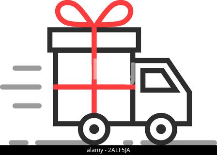 linear delivery truck with gift box Stock Vector