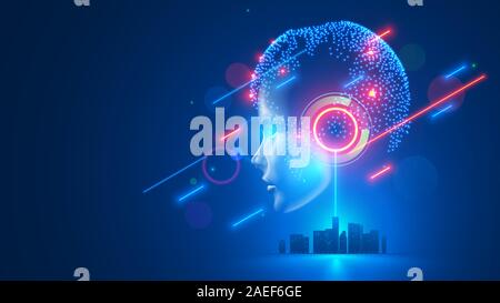 AI controls smart city infrastructure. Artificial intelligence analyze big data urban systems. Abstract cybernetics silhouette head woman with neural Stock Vector