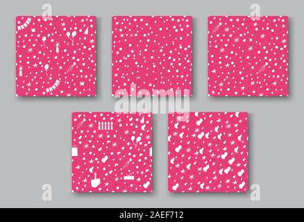 Pink set patterns hand drawn party doodle happy birthday background. With air balloons, candles, stars, gifts, confetti, and bunting flags garlands. - Stock Vector