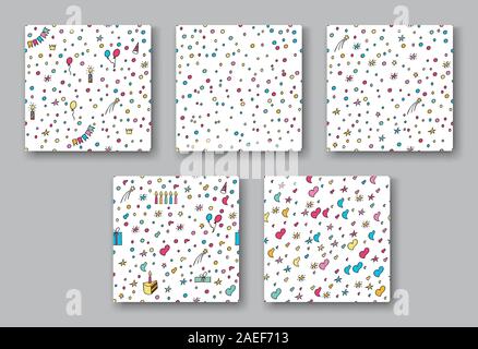 Set patterns hand drawn party doodle happy birthday background. With air balloons, candles, stars, gifts, confetti, and bunting flags garlands. - Vect Stock Vector