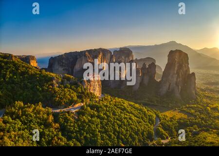 aerial view from the Monastery Rousanou on top of the cliff in Meteora near Kalabaka, Trikala, Greece Stock Photo