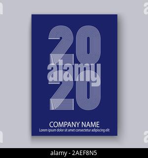 Cover Annual Report numbers 2020 in thin lines. Year 2020 text design in colour trend white on blue phantom abstract background. Vector illustration. Stock Vector