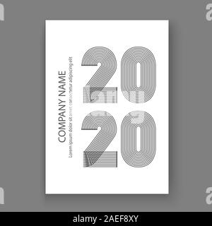Cover Annual Report numbers 2020 in thin lines. Year 2020 text design in colour trend black on white abstract background. Vector illustration. Outline Stock Vector
