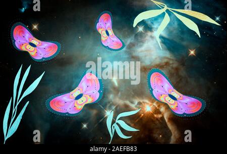 Abstract image of moths on a dark background. Stock Photo