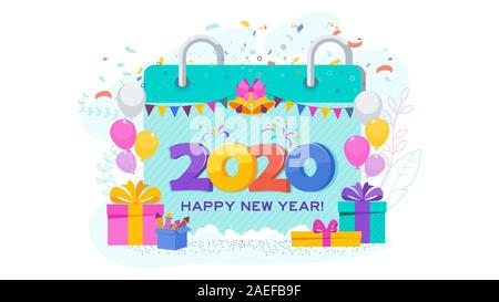 Huge calendar with balloons and gifts Stock Vector