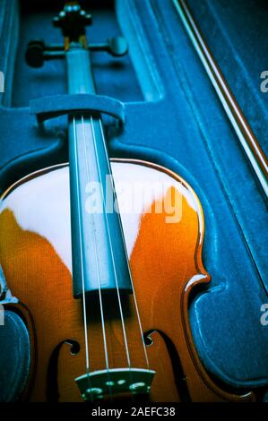 detail of a violin in its case Stock Photo
