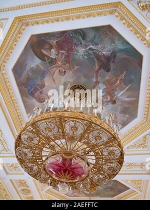 Interior of the Grand Palace in Tsaritsyno; Catherine ceremonial Hall; Ballroom; russian culture and heritage; Chandelier and ceiling painting Stock Photo