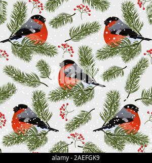 Seamless pattern with bullfinches, rowan berries and fir branches. Vector illustration on white background Stock Vector