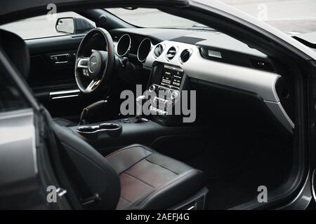 Kaunas, Lithuania - MAY 4, 2019: Ford GT gray Mustang black interior Stock Photo