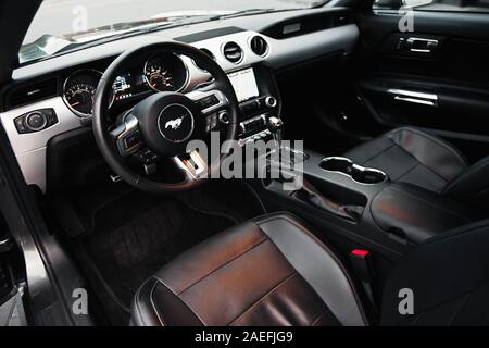 Kaunas, Lithuania - MAY 4, 2019: Ford GT gray Mustang black interior Stock Photo