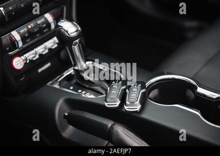 Kaunas, Lithuania - MAY 4, 2019: Ford GT gray Mustang black interior Stock Photo