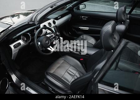 Kaunas, Lithuania - MAY 4, 2019: Ford GT gray Mustang black interior Stock Photo