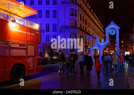 LYON, FRANCE, December 8, 2019 : Streets returned to the visitors and pedestrians. For 4 nights, artists light up buildings, streets mixing splendor o Stock Photo