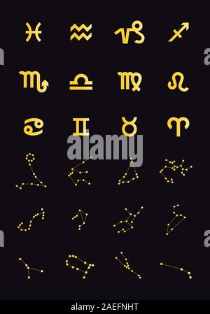 Gold zodiac signs, golden horoscope symbols, vector set over black background vector icon set Stock Vector