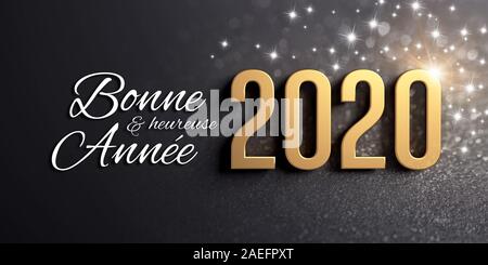New Year 2020 date number colored in gold and Greetings in French language, on a festive black background, with glitters and stars - 3D illustration Stock Photo