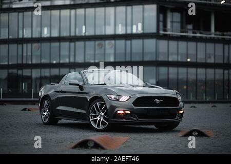 Kaunas, Lithuania - May 4, 2019: Gray Ford Mustang cupe parked in city center. Stock Photo