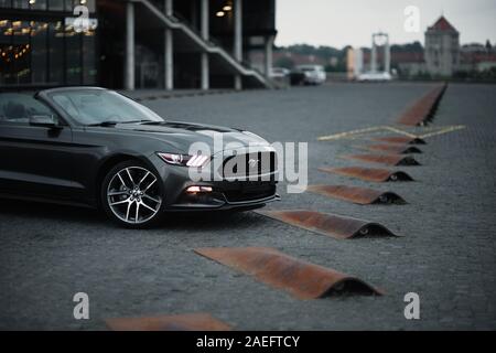 Kaunas, Lithuania - May 4, 2019: Gray Ford Mustang cupe parked in city center. Stock Photo