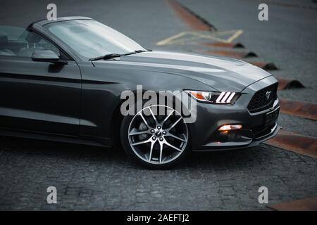 Kaunas, Lithuania - May 4, 2019: Gray Ford Mustang cupe parked in city center. Stock Photo