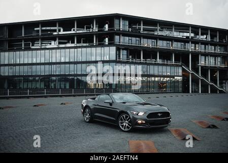 Kaunas, Lithuania - May 4, 2019: Gray Ford Mustang cupe parked in city center. Stock Photo