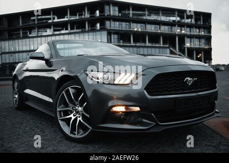 Kaunas, Lithuania - May 4, 2019: Gray Ford Mustang cupe parked in city center. Stock Photo