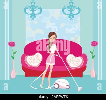 Girl with wireless vacuum cleaner Stock Photo