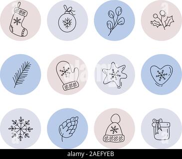 Christmas Vector set of icons and emblems for social media story highlight covers. Design templates for lifestyle, bloggers and designers Stock Vector