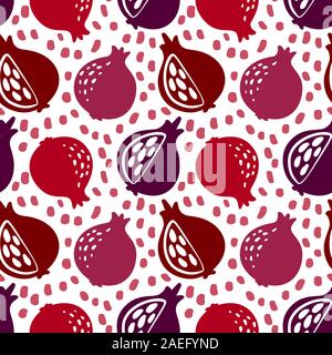 Garnet seamless pattern. Hand drawn fresh pomegranate. Vector sketch background. Color doodle wallpaper. Exotic tropical fruit. Fashion design. Food Stock Vector