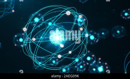 3D Illustration Atomic structure. Atom is the smallest level of matter that forms chemical elements. Glowing energy balls. Nuclear reaction. Concept Stock Photo