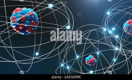 Abstract atom model. Atom is the smallest level of matter that forms chemical elements. Glowing energy balls. Nuclear reaction. Concept nanotechnology Stock Photo