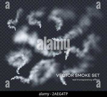 Vector smoke. A set of different realistic insulated transparent effects of smoke. The real effect of transparency Stock Vector