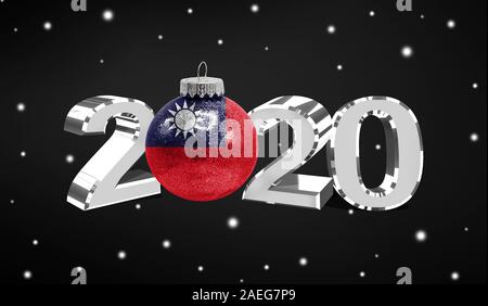 Happy new Year 2020, flag of Taiwan on a christmas toy, decorations isolated on dark background. Creative christmas concept. Stock Photo