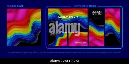 A curvy paper-cut graphic in 7 colors in vector, with how to use this abstract art in various resolution template. Stock Vector