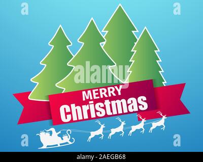 Merry Christmas. Santa Claus in a sleigh with reindeer. Paper cut style. Snowfall, Christmas trees on the background. Vector illustration Stock Vector