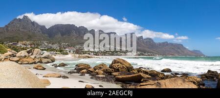 Panoramic view over Twelve Apostles mountain range, Camp's Bay and the beach with the Atlantic Ocean, Cape Town, South Africa Stock Photo