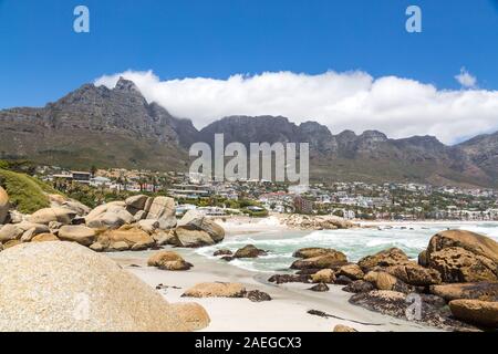 View over Twelve Apostles mountain range, Camp's Bay and the beach with the Atlantic Ocean, Cape Town, South Africa