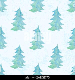 Watercolor winter seamless pattern with green fir tree and snow on a white background. New year and Christmas design Stock Photo
