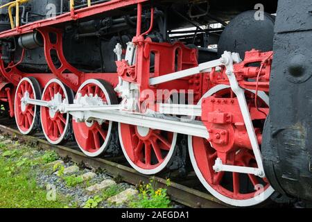 BOLOGOYE, RUSSIA - AUGUST 8, 2019: Monument to the Steam locomotive L-4245 installed at the city railway station. Tver region, Russia