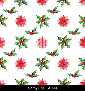 Watercolor Christmas floral seamless pattern with holly and poinsettia flowers on a white background. Stock Photo