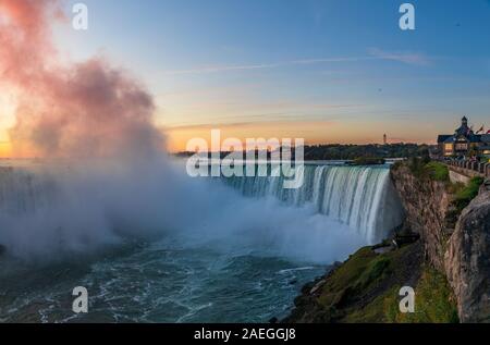 Niagara Falls is a group of three waterfalls at the southern end of Niagara Gorge, between the Canadian province of Ontario and the US state of New Yo Stock Photo
