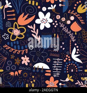 Seamless pattern doodle vector background abstract shapes collage blue white pink orange yellow. Modern design with flowers, hearts, elements for Stock Vector