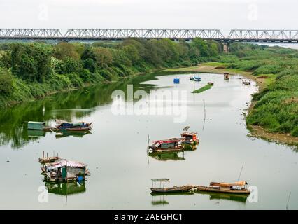 Sampans in Red River with Chuong Duong Bridge, Hanoi, Vietnam, Southeast Asia Stock Photo