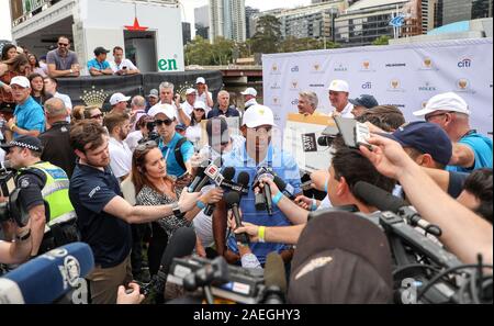 Melbourne, Australia. 9th Dec, 2019. Tiger Woods (C) speaks to the press ahead of the 2019 Presidents Cup in Melbourne, Australia, Dec. 9, 2019. Credit: Bai Xuefei/Xinhua/Alamy Live News Stock Photo