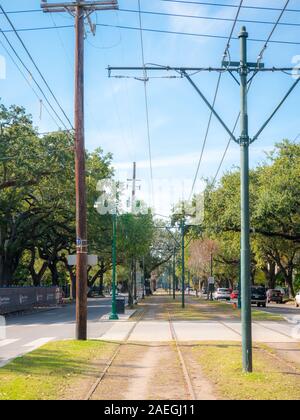 New Orleans, LA, USA. December, 2019. A vertical photo looking down St Charles Avenue in the Central Business District of New Orleans, LA. Stock Photo