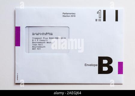 Completed ballot paper in Envelope B ready to return to BCP Council at Bournemouth for forthcoming Parliamentary general Election 2019 in UK Stock Photo